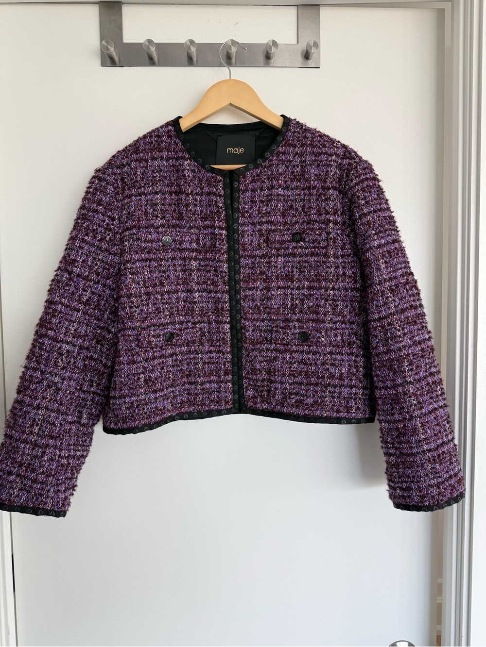 Maje Purple Bouclé Tweed Jacket Black Trim FR 42